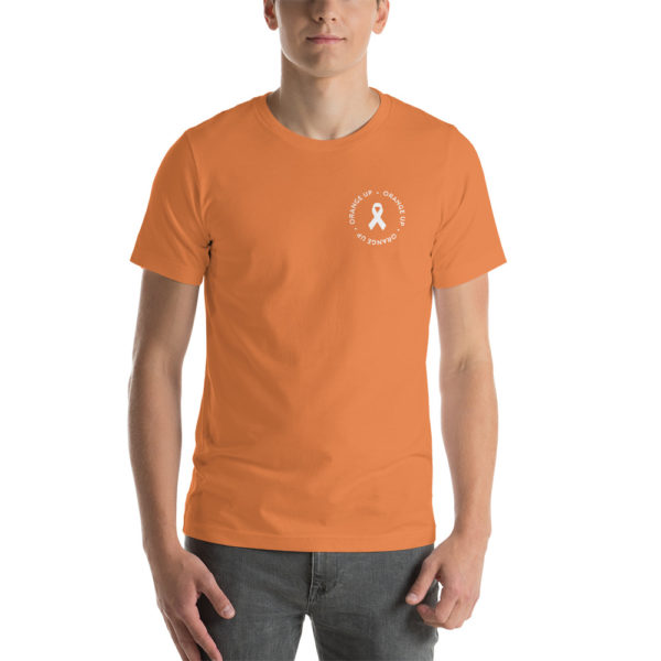 Image of man wearing Kidney Cancer Association Mens Champion Unisex Premium T-Shirt Burnt Orange (Front)
